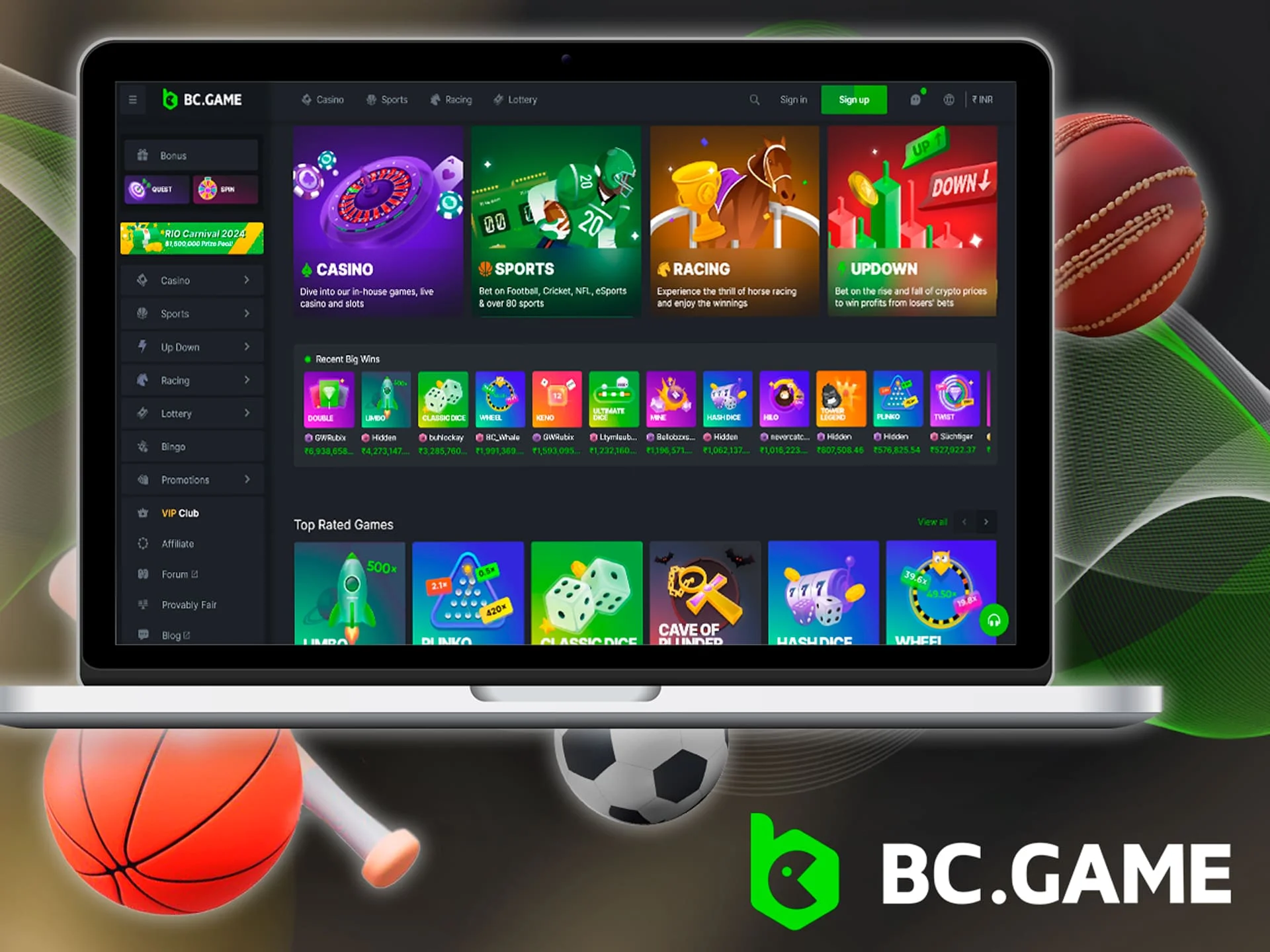 Place bets and play casino games using the browser version of the BC Game Casino site for PC.