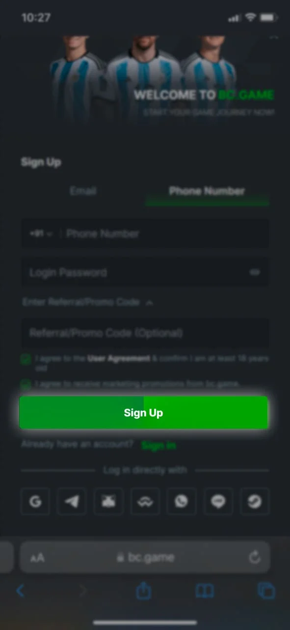Click the sign up button and confirm your phone number or email to complete registration at BC Game Crypto Casino.