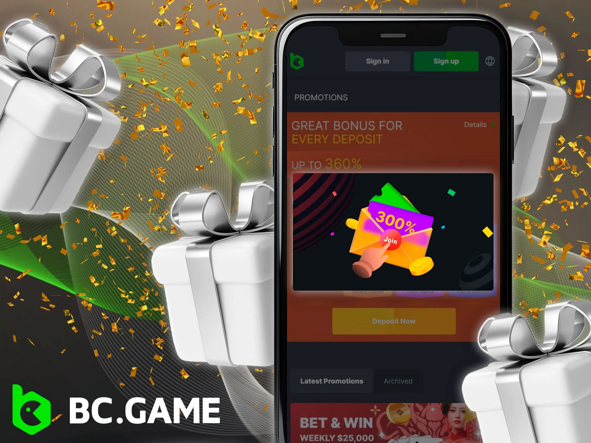 Sign up and start playing BC Game with a 360% welcome deposit bonus.