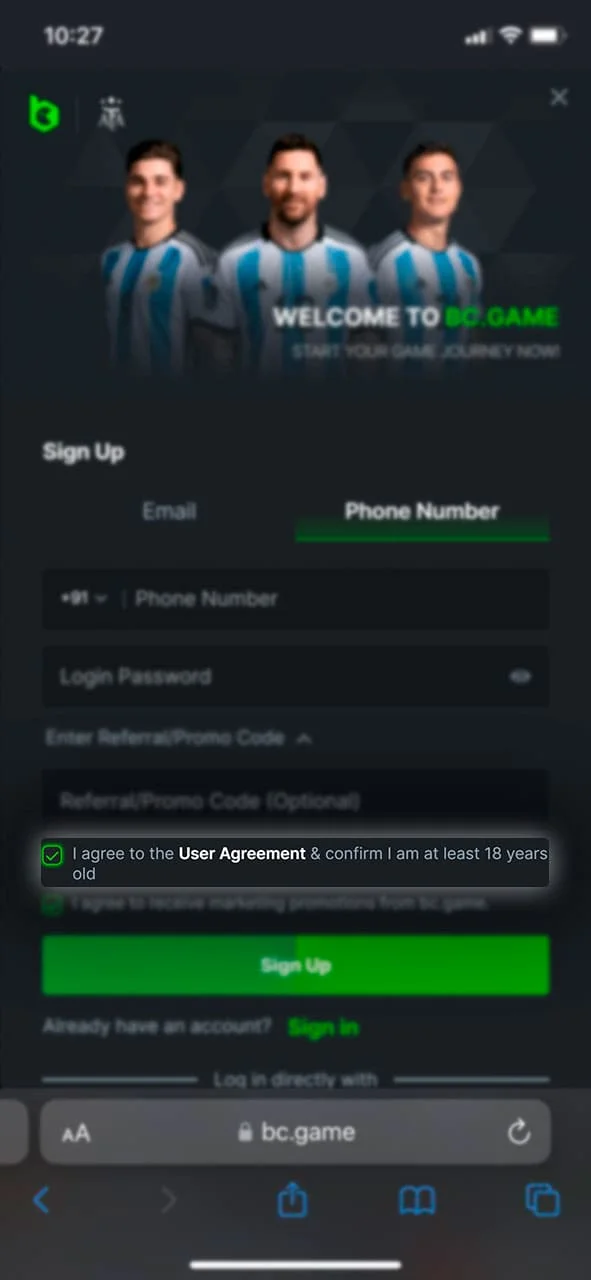 Read and agree to BC Game user agreement by checking the box.