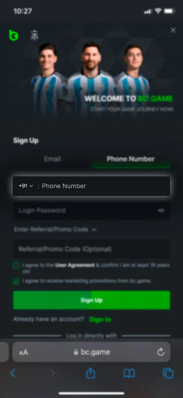 Fill in the phone number field to register on BC Game.