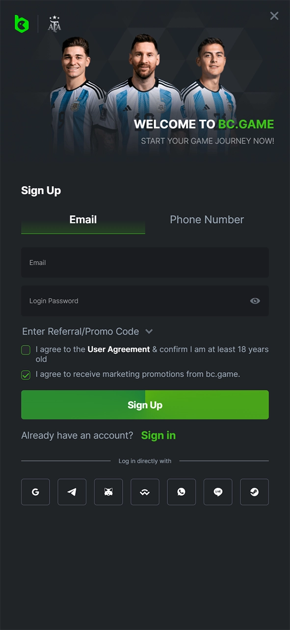 Sign up for the BC Game app using your phone number or email.