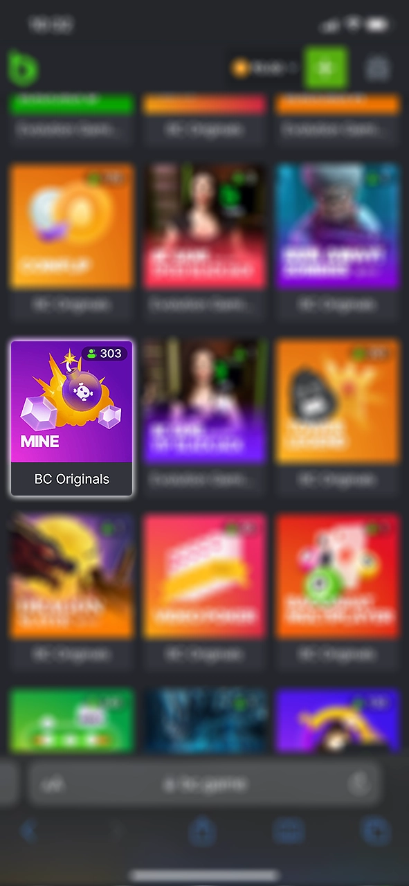 Find Mines in the BC Game casino section and open it.