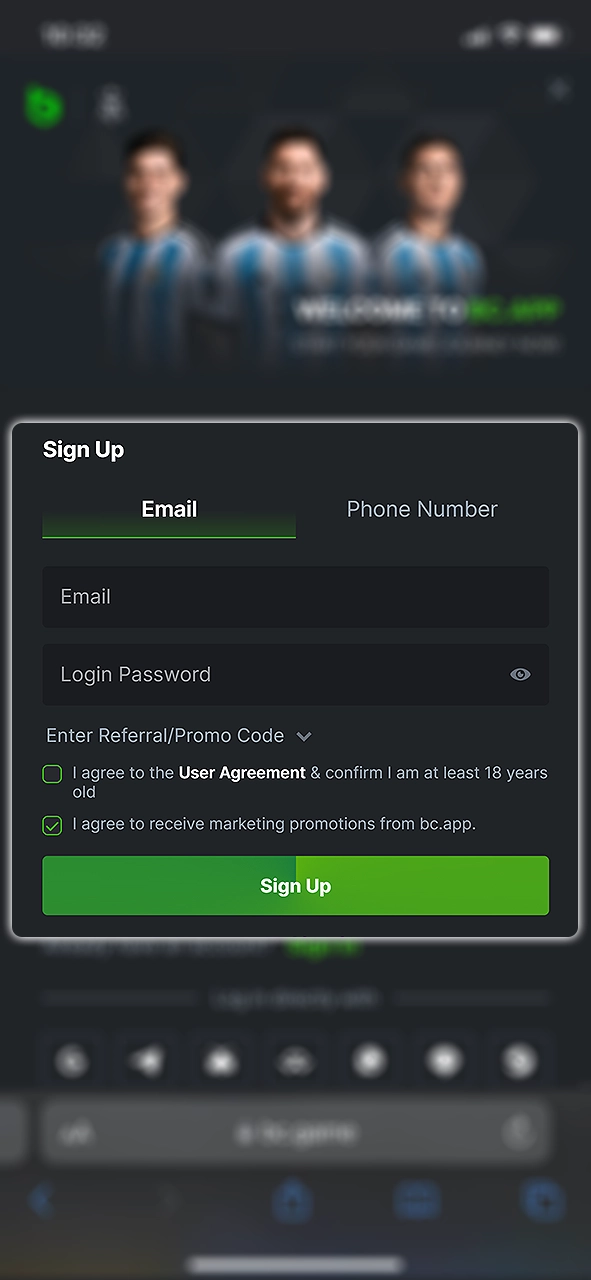 Open BC Game and register using your phone number or mail.