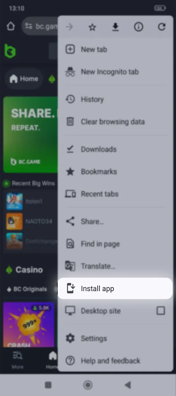 Select the app install button from the list to download BC Game Crypto Casino app the latest version to your smartphone.