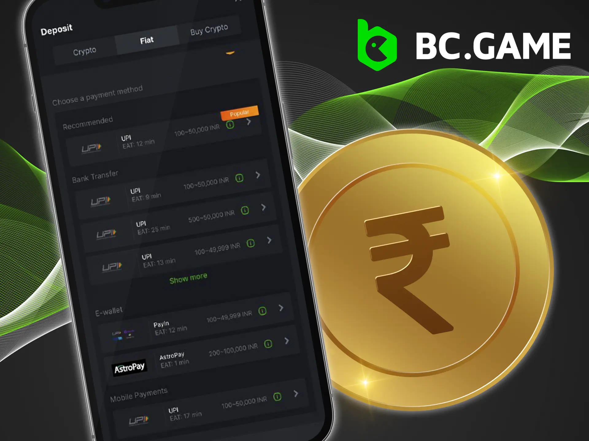 Choose only favourable and convenient for you methods of deposit in BC Game app.