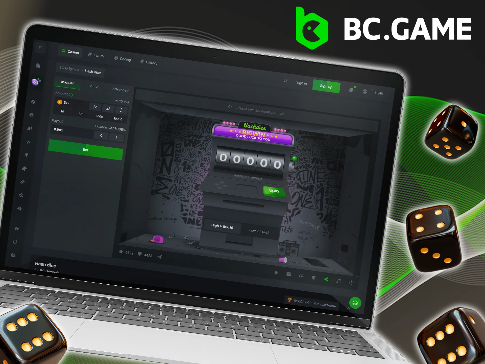 Register with BC Game, fund your account and have fun playing Hash Dice.