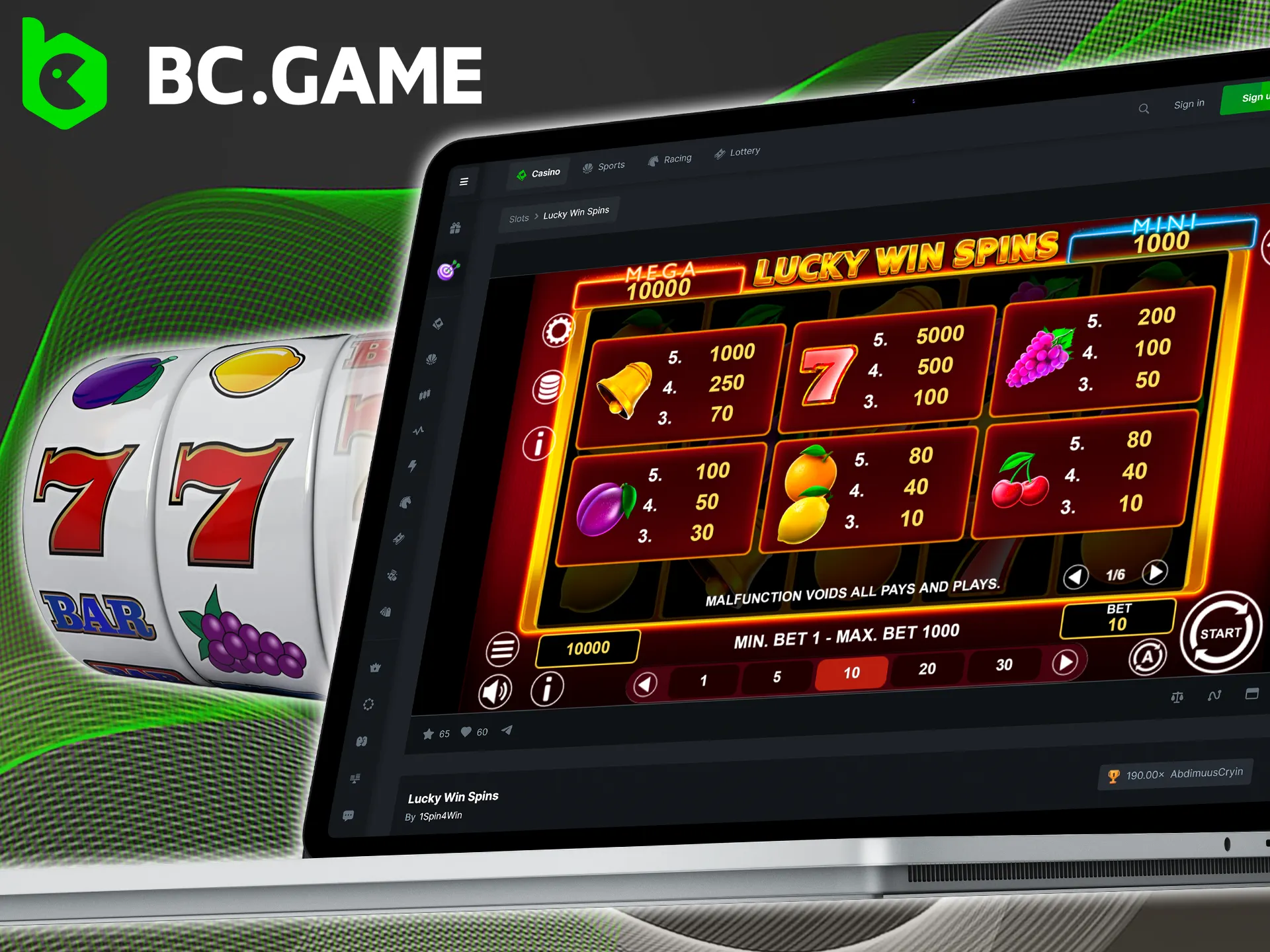 Open Lucky Win Spins at BC Game and spin the reels.